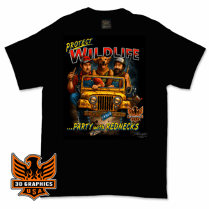 Black T-shirt with party with rednecks design by Steve McDonald